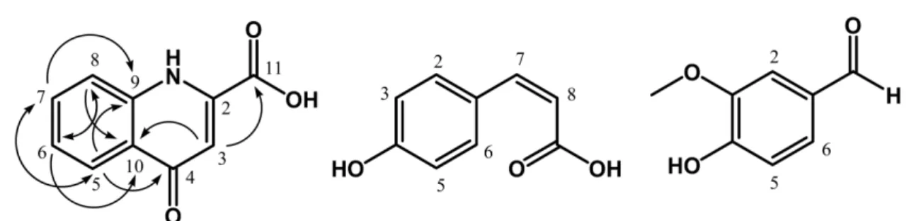 Fig. 3. Structure of the isolated compounds and important correlations (arrows) observed in the HMBC spectrum of compound 1.
