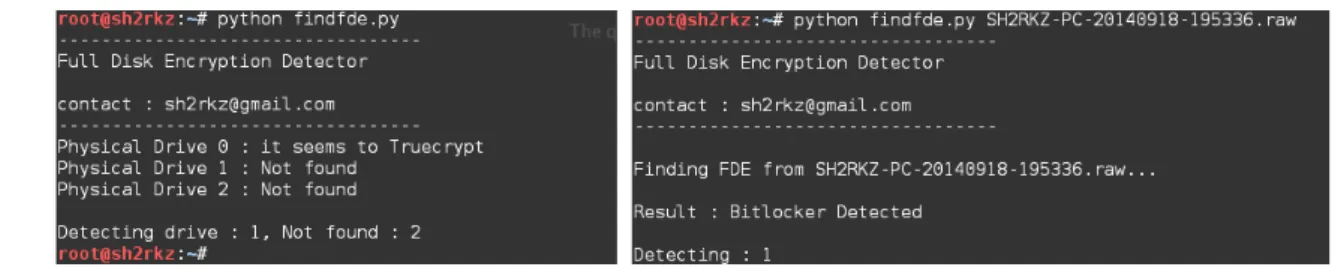 Fig. 13. Full Disk Encryption Detecting Tools with Python Script 유출자를 특정할 수 있었다. 이 사례는 운영체제가 활성 상태인 경우 물리 메모 리  수집과  FDE  저장매체  확인이  중요한  사례이다