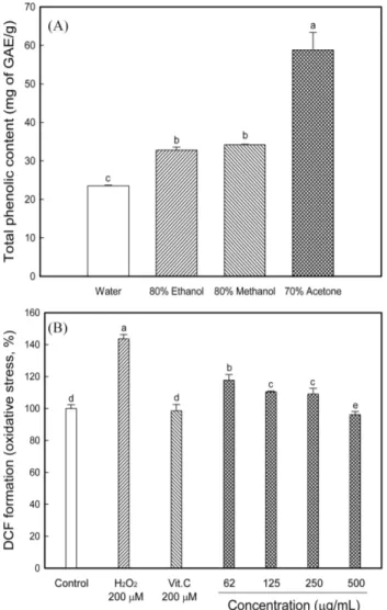 Fig. 1. Total phenolics of various solvent extracts from black soybean seed coat (A) and protective effect of the BSSCE against oxidative stress (B)