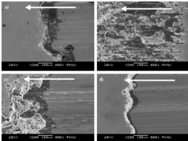 Fig. 4. SEM images of worn surface of counterpart materials (x200) : a) 10 RPM, b) 30 RPM, c) 60 RPM, d) 90 RPM.