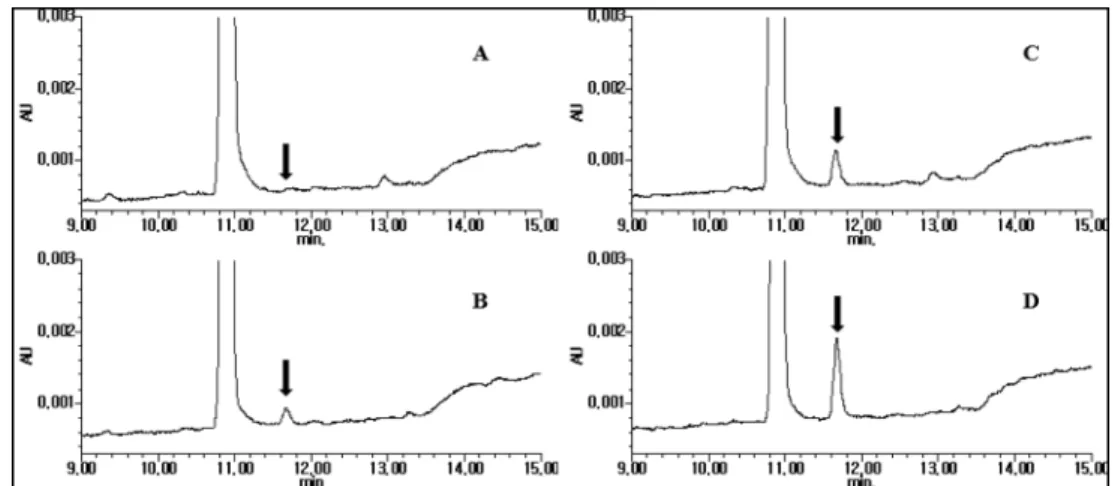 Fig. 3. Chromatograms by liquid-liquid extraction method of synthetic flavoring substances (A; control, B; 0.4 mg/kg, C; 0.8 mg/kg, and D; 1.6 mg/kg).