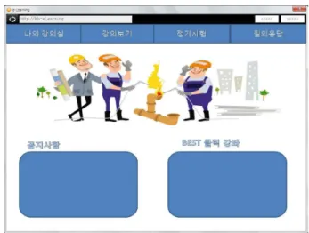 Figure 6은 나의강의실, 강의보기, 정기시험, 질의응답 의 메뉴를 통해 학습자가 원하는 활동을 할 수 있도록 구 성하였고, 공지사항을 통해 학습자에게 정보를 전달 할 수  있도록  구성하였다