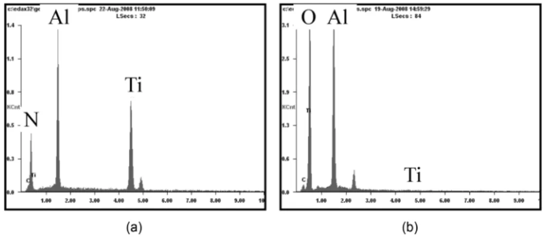 Fig. 4. SEM micrographs of worn surfaces; (a) and (b) of Ni-P plating, (c) and (d) of TiAlN coating.