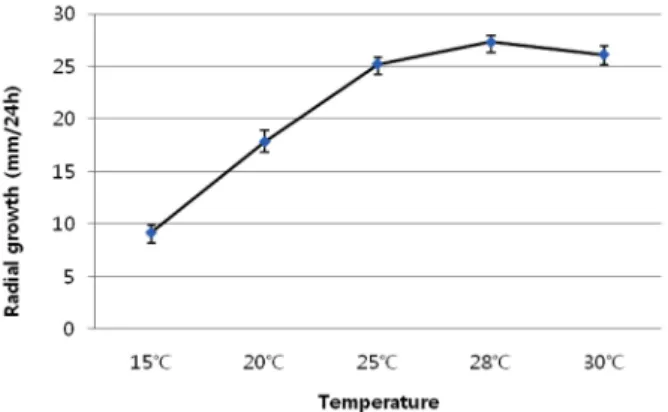 Fig. 3. Mycelial growth on potato dextrose agar. Mycelial growth was measured sizes of colony diameter with digmatic caliper on 24 hour after inoculation using a 5 mm cork borer.