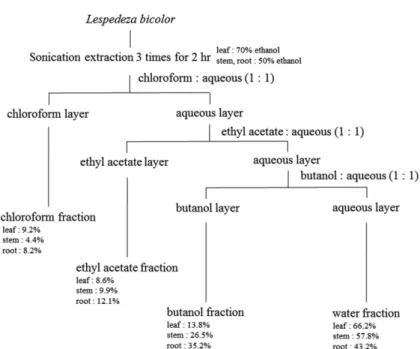 Fig. 1. Extraction and fractionation procedures of different parts of Lespedeza bicolor.
