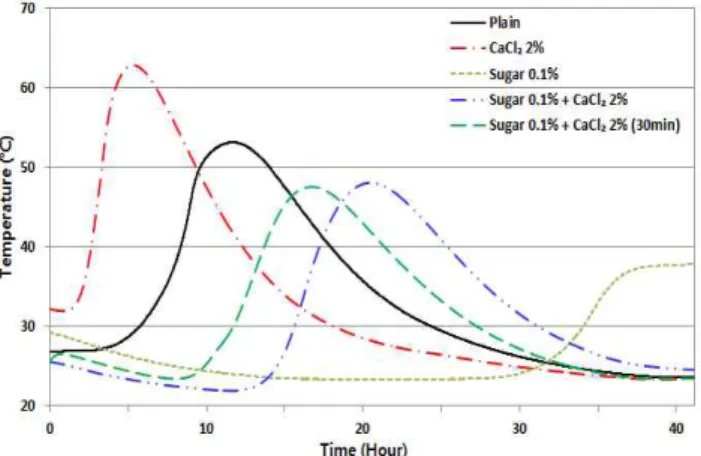 Figure 4. Temperature rise in the cement paste with 0.1%