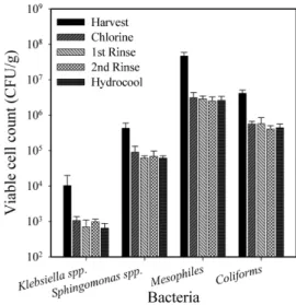 Fig. 2. Changes in mesophilic aerobes (left) and coliform bacteria (right) of buckwheat sprouts treated with postharvest processing steps during storage at 5 o C for 6 days
