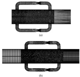 Fig. 2. Generated mesh for CFD analysis at the sections  of frontal view : (a) for Case 1 burner, (b) for  Case2 and Case 3 burner