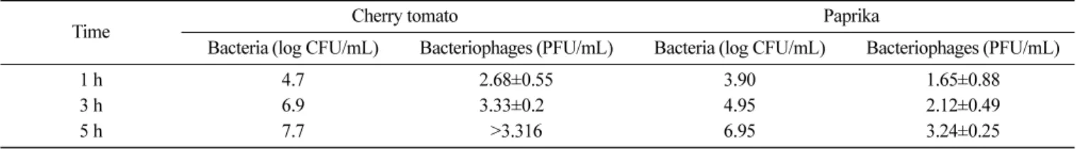 Table 4. Detection of  E. coli NCCP13930 in cherry tomato and paprika by bacteriophage amplification assay