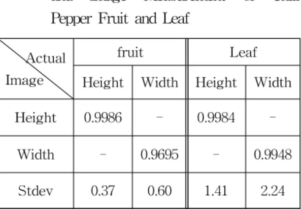 Fig. 5 Correlation Graph between Actual Measurement and Image Measurement of Pepper Fruit and Leaf
