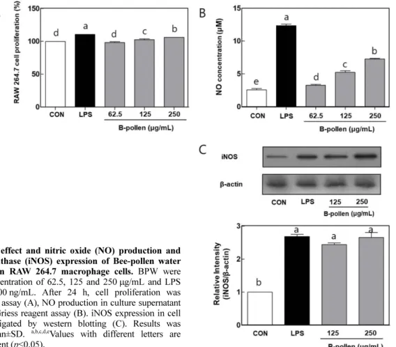Fig. 1. Cytotoxic effect and nitric oxide (NO) production and inducible NO synthase (iNOS) expression of Bee-pollen water extracts (BPW) in RAW 264.7 macrophage cells