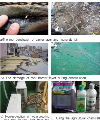 Figure  1.  Construction  and  maintenance  situations  of  the  green  roof  system   또한,  Figure  1의  (c)와  같이  옥상층에  놓이는  각  종  설비  기구에  의해  방수방근층이  국부적으로  장기간  누름  압력을  받음으로써  부분적  훼손의  문제도  안고  있으며,  Figure  1의  (d)와  같이  식물  성장  관리를  위해  다양한  종 류의  비