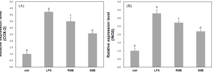 Fig. 3. mRNA expression levels of COX-2 (A) and iNOS (B) lipolysaccharide (LPS)-stimulated RAW 264.7 cells treated with ethanol extracts of root peel and spear of  Morus alba L