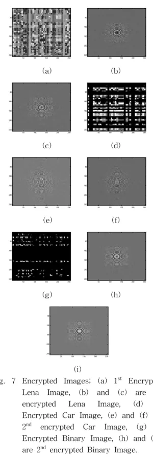 Fig. 7 Encrypted Images; (a) 1 st Encrypted Lena Image, (b) and (c) are 2 nd encrypted Lena Image, (d) 1 st Encrypted Car Image, (e) and (f) are 2 nd encrypted Car Image, (g) 1 st Encrypted Binary Image, (h) and ( i) are 2 nd encrypted Binary Image.
