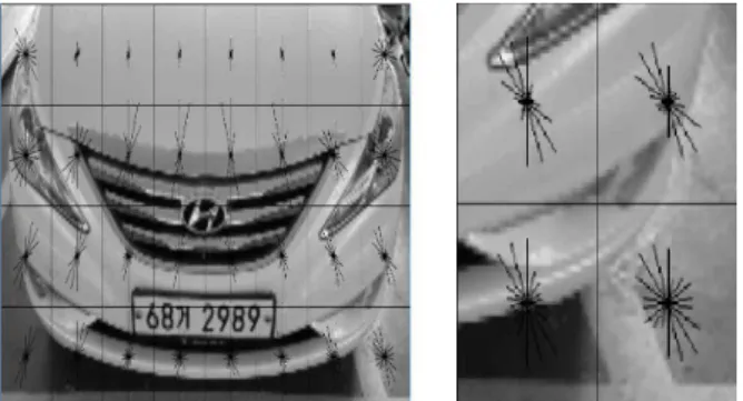 Fig. 3 An example of HOG feature extraction (1 cell=32*32px) 3.3 차량 종류 학습 및 판단 본 논문에서는 특징점에 대한 학습 및 판단을 위해 MLP를 이용한다