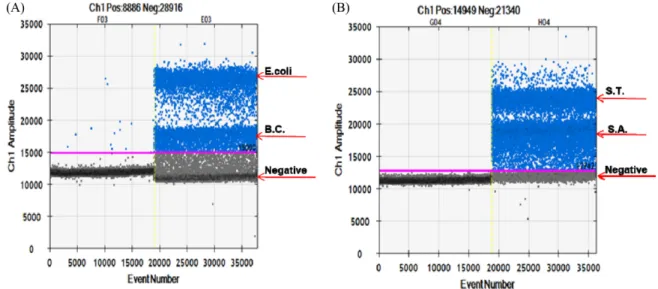 Table 4. Detection of  B. cereus, S. aureus, S. Typhimurium, and E. coli O157:H7 by multiplex droplet digital PCR Target bacteria Well Concentration