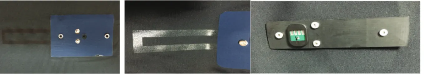 Fig. 6. Inner clothing sensor part (left,center) and outer clothing device joint (right) 