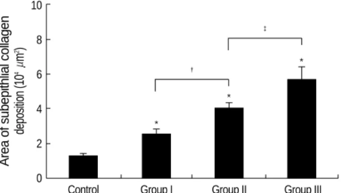 Fig. 6. Changes of goblet cell hyperplasia in each group of mouse asthma model. The hyperplasia of goblet cells in the epithelial  lin-ing was expressed by a score accordlin-ing to the percentage of the goblet cells in the epithelial cells: grade 0, no gob