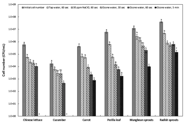 Fig. 3. Bactericidal activity of ozone water (5 ppm) against 5 kinds of vegetables supplied from A elementary school.