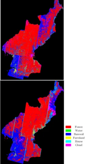 Fig. 4. Image masking results(year of 2006, 2017) 3. 산림 변화 분석 훼손으로  인한  북한의  산림  변화를  분석하기  위해  마 스킹  한  두  시기의  영상을  대상으로  분류항목을  6가지 (산림,  수계,  황무지,  농경지,  주택지,  구름)로  설정하고,  각  항목별  훈련집단(대표지역; training set)을  선정하였 다