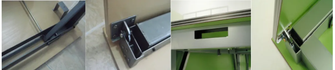 Fig. 10. Developed and applied hinges and bolts - Prototype &amp; Product.