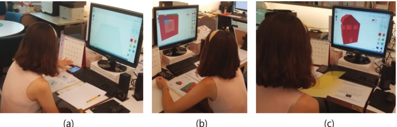 Fig. 3. A participant experiencing Tinker CAD. (a) Spreading open the guidebook, and prior to starting the project, performing the smart phone’ timer function to set the 15 minute time limit