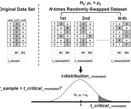 Fig. 1. An illustration of the random-permutation logic for an empirical pairwise  t-test under the random-resampling  principle