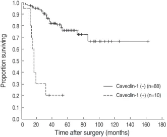 Fig. 2. Kaplan-Meier cancer-specific survival curves according to the caveolin-1 expression