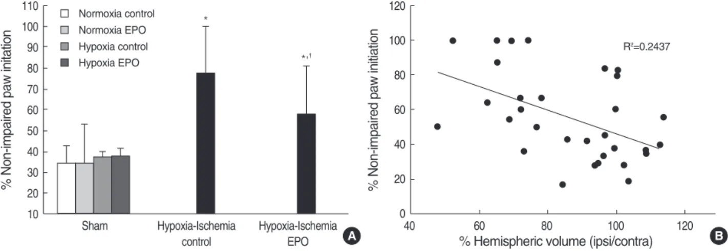 Fig. 4. Percentage of non-impaired (ipsilateral) forepaw initiation at weight-bearing when P21 rats (at 2 weeks after insult) underwent cylin- cylin-der-rearing test in 6 different groups (A)