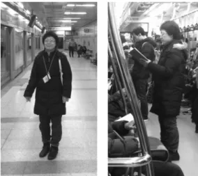 Fig. 2. Wearing LED emblem in the Seoul subway 3.3. LED 엠블럼의 실험 방법 및 분석 방법 실험은 본 연구원과 연구 보조원이 함께 서울 지하 철의 임산부 배려석을 중심으로 실시하였다