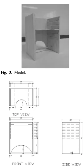Fig. 2. Idea Sketch. Fig. 3. Model. Fig. 4. Drawing. 경우의  공간을 배려하여  고정시켰다.  재단한 상판 의 아래 부분에 판 하나를 덧대어 경우에 따라 휠 체어의  팔걸이에  덧대어있는  팔걸이가  들어갈  수  있도록  고안했으며,  대부분  금속관으로  만들어진  휠체어의  팔걸이를  굵기에  따라  조절이  가능하도 록 벨크로를 상판 아래에 부착하였다