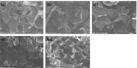 Fig. 4. Scanning electron micrographs of cross-sections of  yukwa bases. Control (a), 5% curry powder added (b), 10% curry powder added (c), 15% curry powder added (d), 20% curry powder added (e)