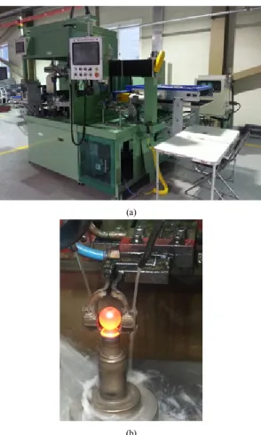 Fig. 2. High frequency heat treatment of ball stud        (a) Equipment (b) High frequency heat treatment 