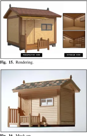 Fig. 14. Drawing. Fig. 15. Rendering. Fig. 16. Mock-up.대화하였다.5)  바닥은 순간초전도 열원인 전기식 히트파이프(Heat Pipe)기술을 접목하여 저전력,  저전자파, 정온유지의  에너지  절감과  편백나무  마루판재로 친환경 마감처리하였다