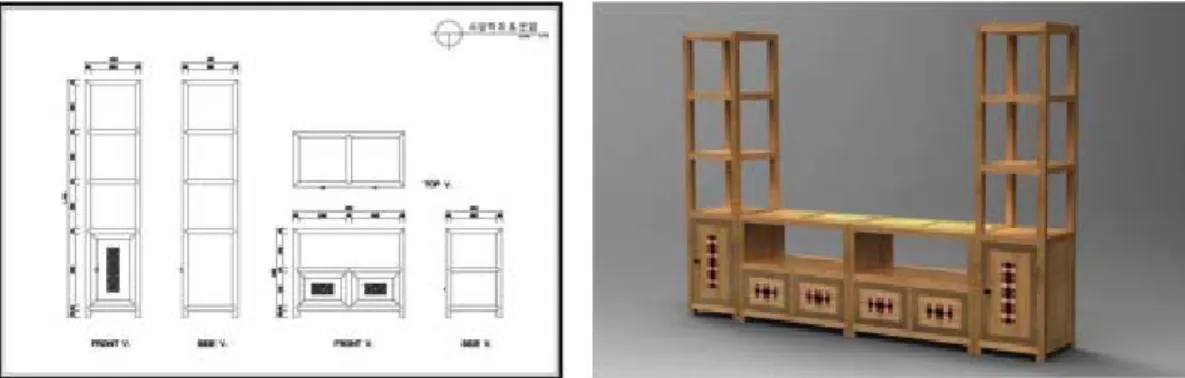 Fig. 7. Square-Typed Table Set &amp; Stationery Chest Set drawing and 3D rendering.