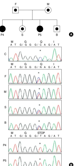 Fig. 2. Western blot analysis of NADPH oxidase components in fam- fam-ily III. Western blot analysis demonstrated the absence of p22-phox expression in patients 4 and 5, but the expression of gp91phox, p47-phox, p67phox, and p40-phox were normal