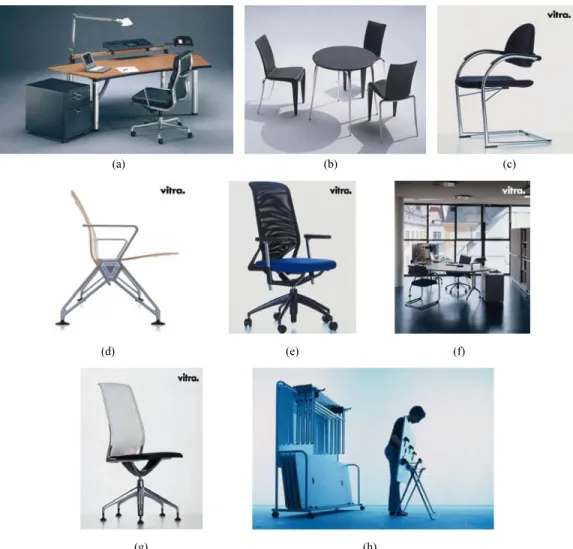 Fig. 11. (a) Metropole workstation (1988), (b) Lewis collection, tables and chairs (1992), (c) Onda Chair (1990),  (d) Air Line, (e) meda Chair 2, (f) Ad Hoc Program, (g) Meda Chair, (h) IXIX Table.