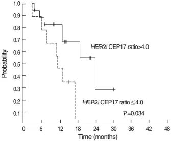 Fig. 2. Time to progression (TTP) of patients with a HER2/CEP17 ratio  ≤ 4.0 (dotted line) or >4.0 (continuous line)