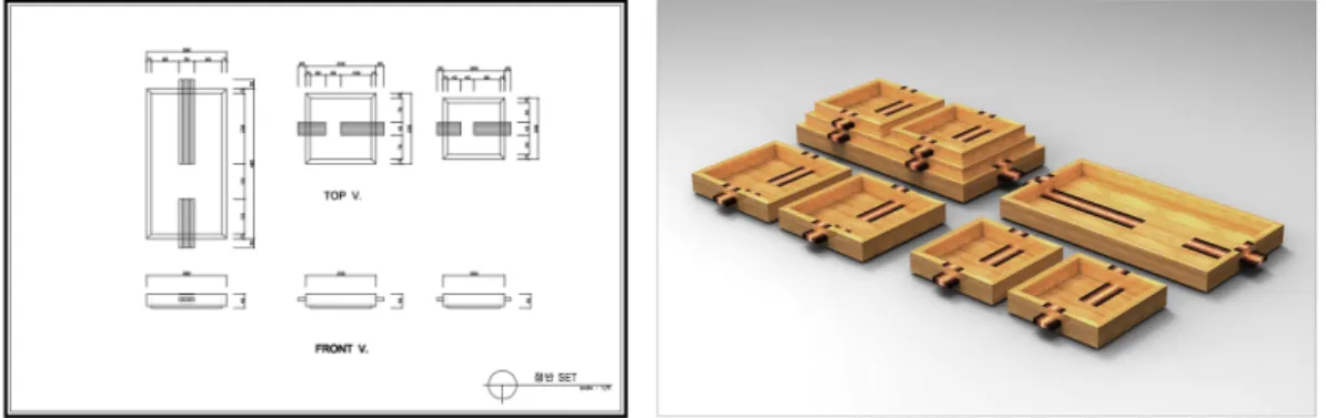 Fig. 13. Wood Tray drawing and 3D rendering.