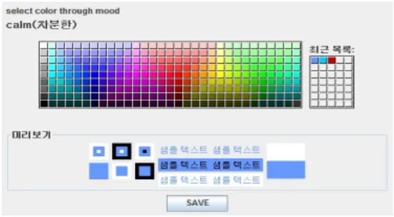 그림  7.  분위기  단어의  색상  선택  화면  분위기  단어  색상을  입력받은  데이터는  표  3과  같 다.  각  분위기별  색상의  평균  설문  수(총  발생  건/분위 기  단어  수)를  구하면  154건이고,  동아리  회원  13명의  데이터를  더하면  평균  설문  수  평균  167건이다
