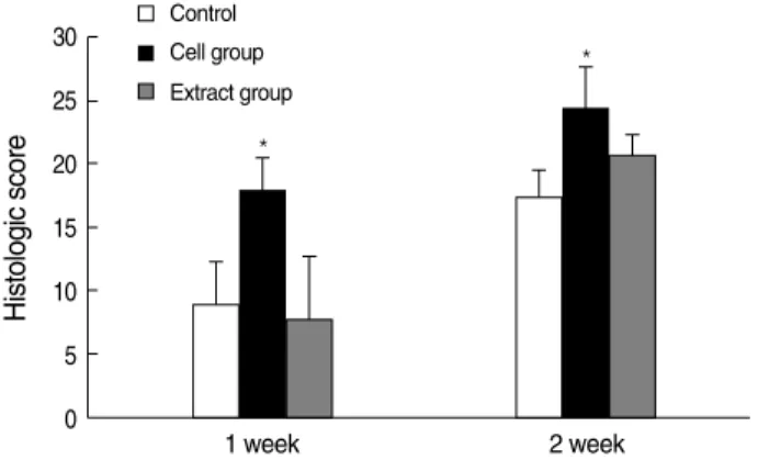 Fig. 3. Histological scores of wound in the control, the cell group, and the cell extract groups at 1 and 2 weeks after wounding