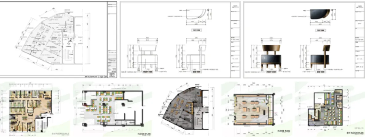 Fig. 2 Examples of AutoCAD 2D drafts and 2D coloring images using Photoshop and Illustrator