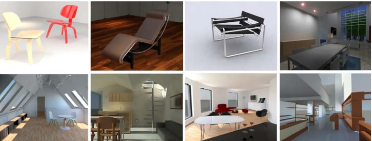 Fig. 3 Results of 3DS Max modeling course (furniture design, interior design). 