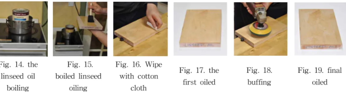 Fig. 14. the linseed oil boiling Fig. 15. boiled linseedoiling Fig. 16. Wipewith cottoncloth Fig