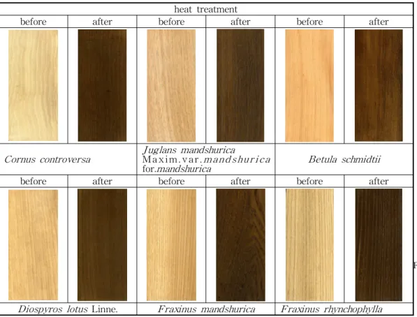 Fig. 2. Color of Woods before and after heat treatment.