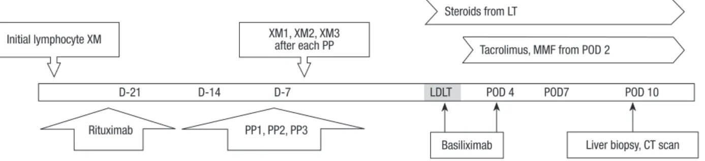 Fig. 2. Desensitization protocol. Rituximab (375 mg/m 2  BSA) was injected after initial XM test 3 weeks before transplantation