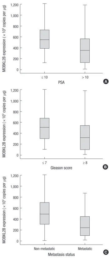 Table 2. hMOB3B mRNA expression levels according to PSA, Gleason score, and  metastasis status in prostate cancer patients