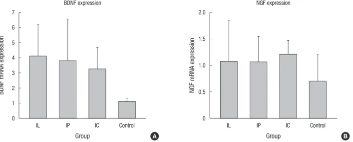 Fig. 6. Neurotrophic growth factors were quantified by Western blot analysis. (A) The relative optical densities of BDNF in the transplanted groups (IL, IP, and IC) were signifi- signifi-cantly higher than that of the control group