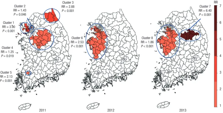 Fig. 4. Mapping of clusters with higher incidence rates of hepatitis A viral infection in Korea during 2011-2013.