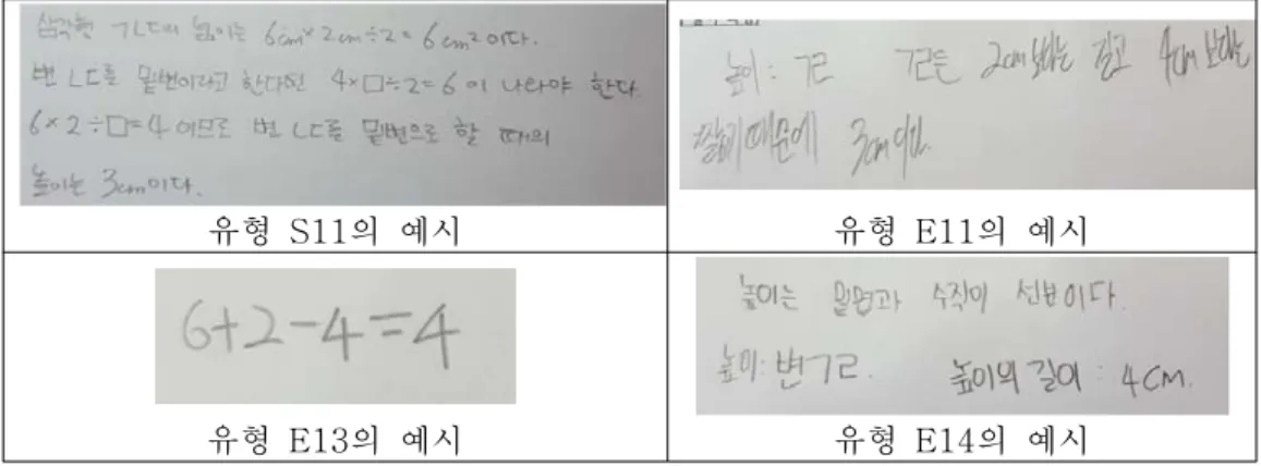 Figure  2.  Examples  of  student’s  answers  for  item  1을  알아야  하고,  삼각형의  넓이와  밑변을  알  때  높